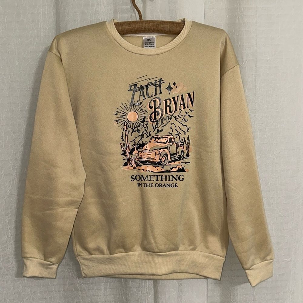 Zach Bryan XS Nude Black Orange Graphic Fleece Interior Crew Pullover Sweatshirt